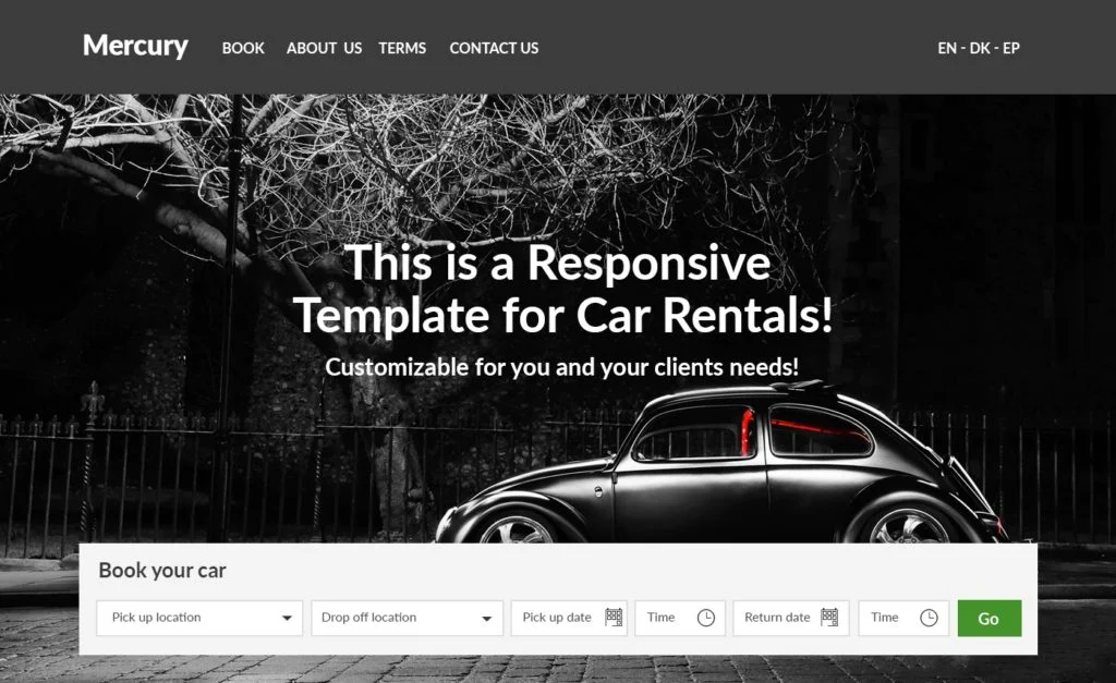 Screenshot of the Mercury car rental website template in a black-and-white color scheme, with a car parked on a cobblestone street at night