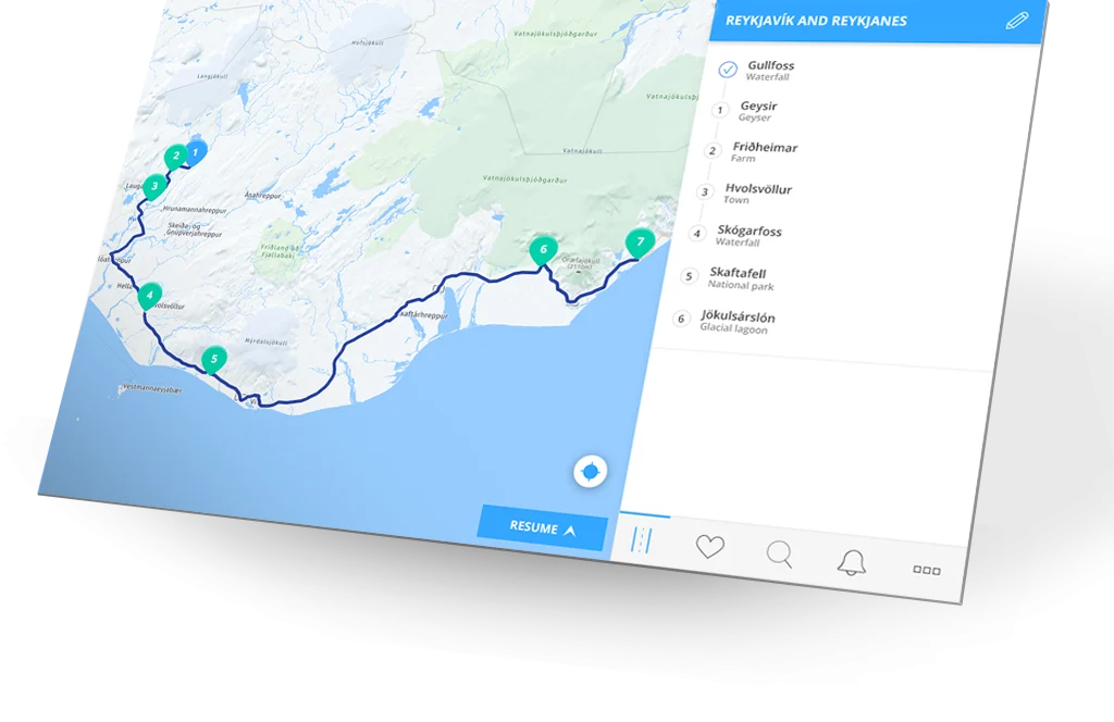 Isometric mockup of a tablet showing a route map with a list of itinerary stops