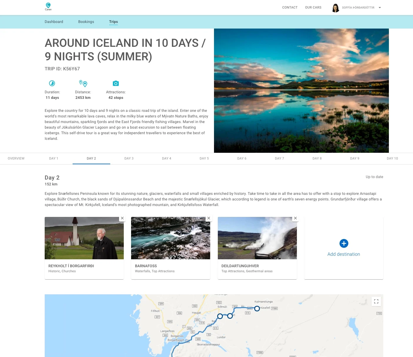 Screenshot of a Caren Trips itinerary page showing a lake reflecting mountains and clouds at sunset