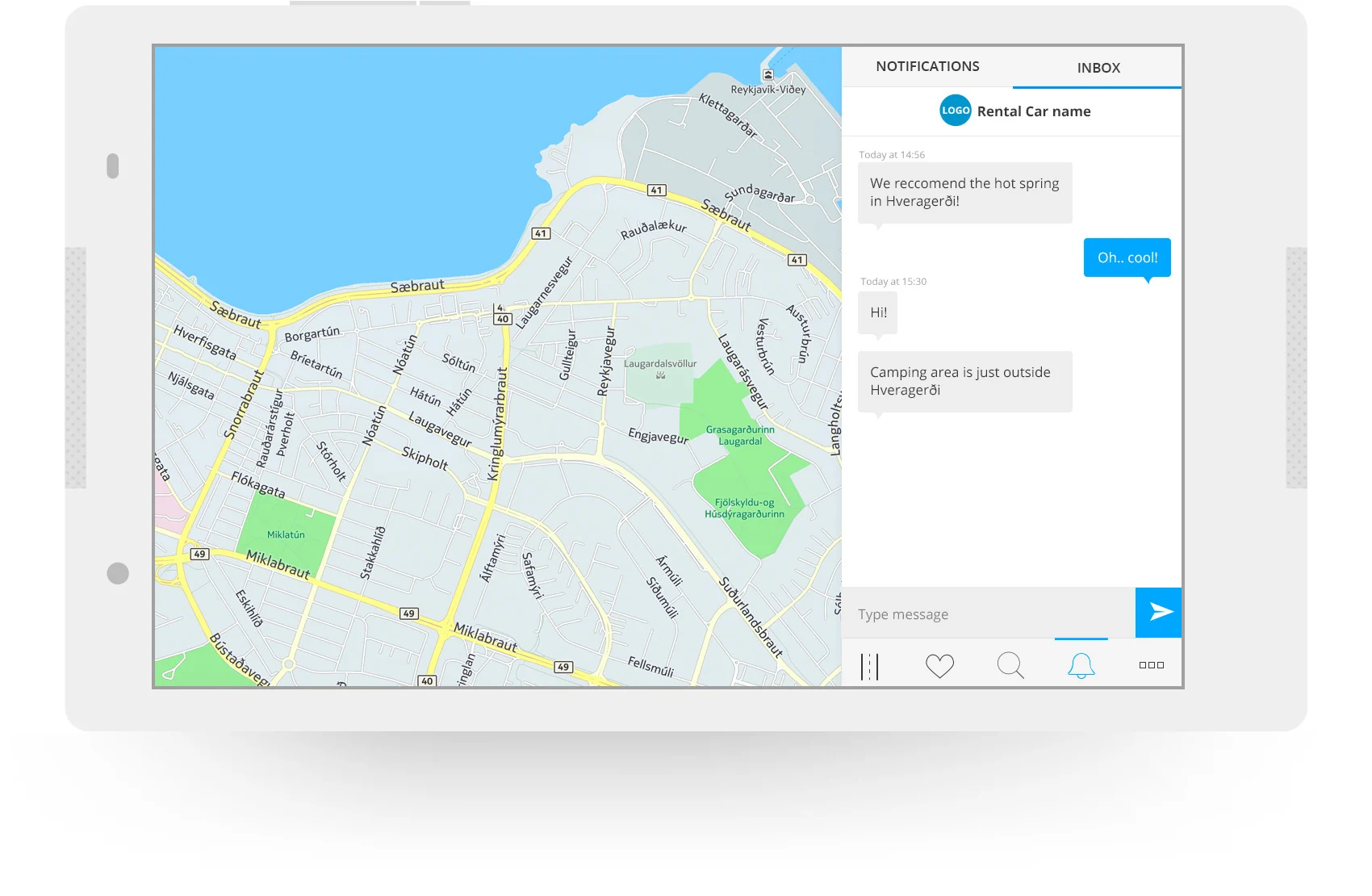 Screenshot of a tablet showing a map alongside a chat inbox with messages from a rental car company