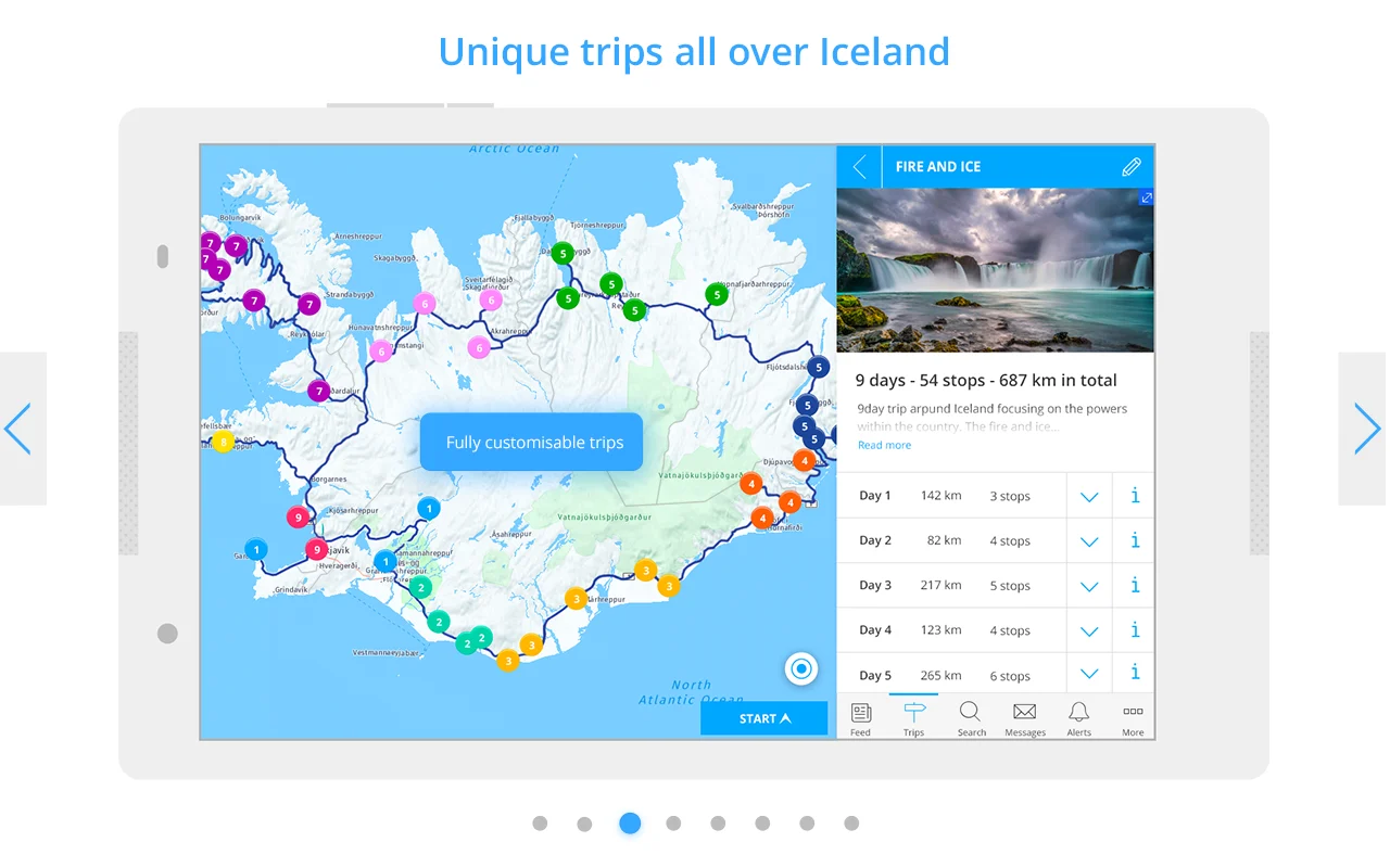 Screenshot of the Caren Trips app showing a customizable Iceland road trip on a tablet
