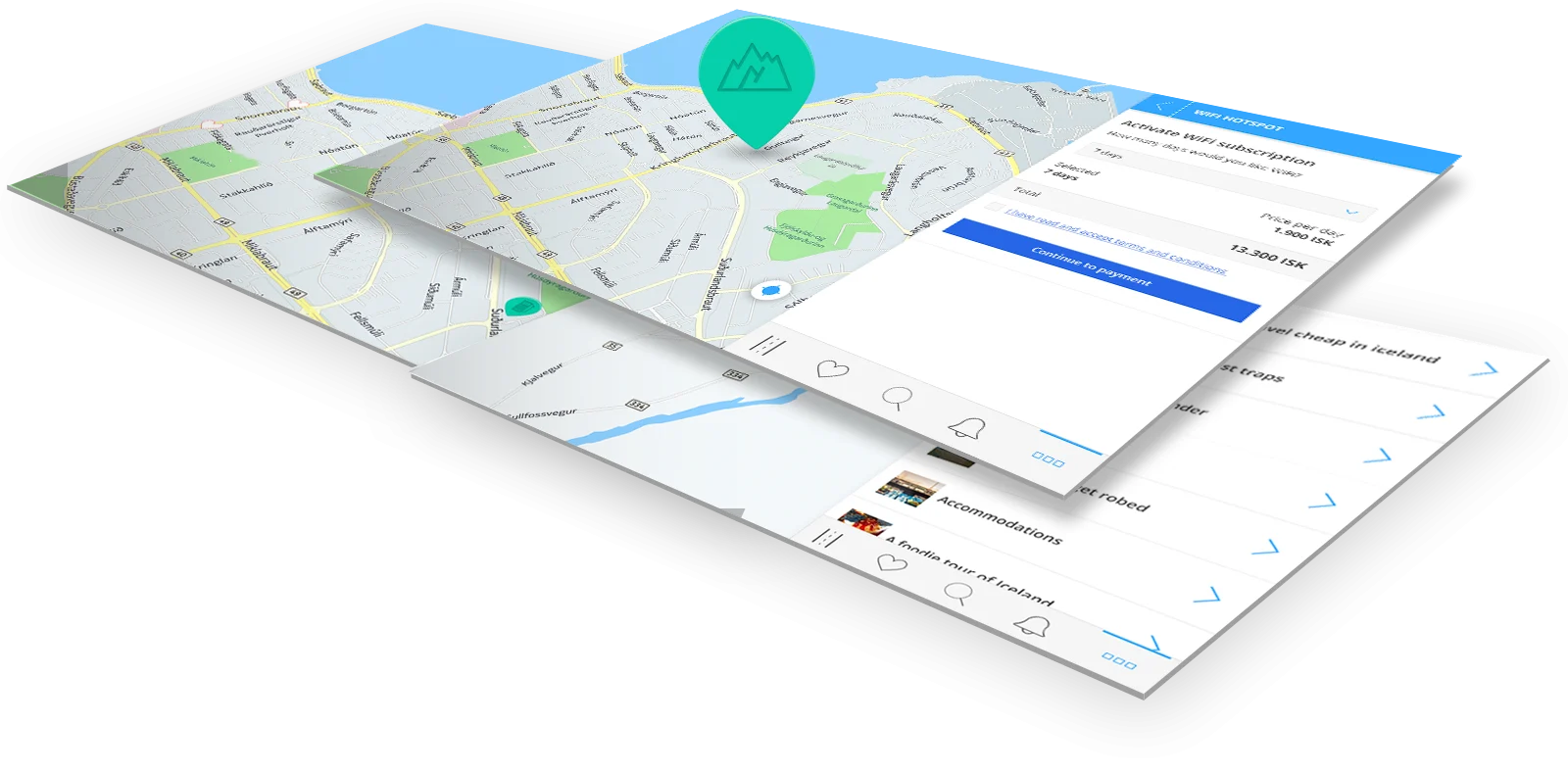 Isometric mockup of the DriverGuide app showing a map and a WiFi subscription purchase screen