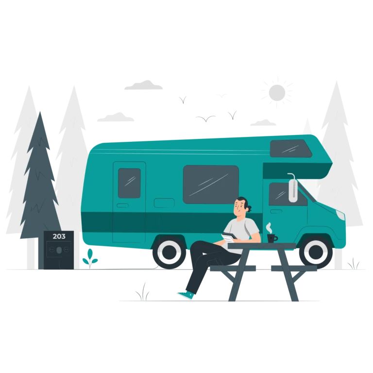 Illustration of a man reading a book at a picnic table beside a teal camper van