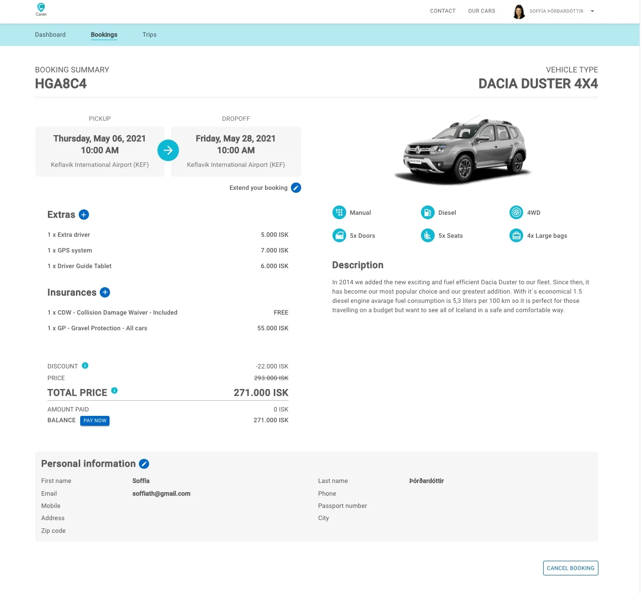 Screenshot of a Caren booking summary page showing rental details, extras, price and personal information for a Dacia Duster 4x4