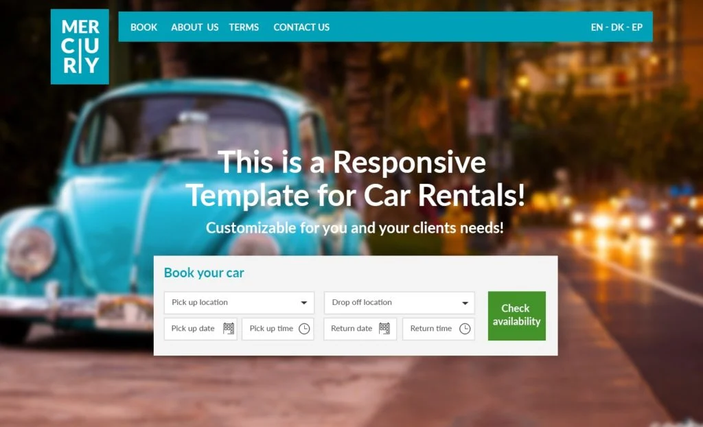 Screenshot of the Mercury car rental website template in a teal color scheme, with a vintage Volkswagen Beetle on a city street at night