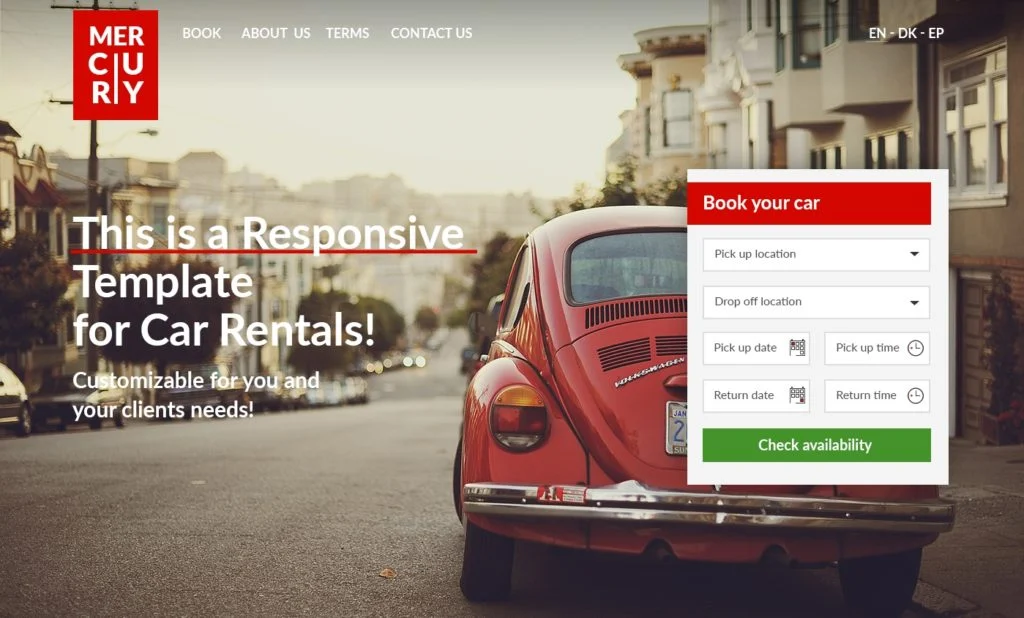 Screenshot of the Mercury car rental website template in a red color scheme, with a vintage Volkswagen Beetle on a city street