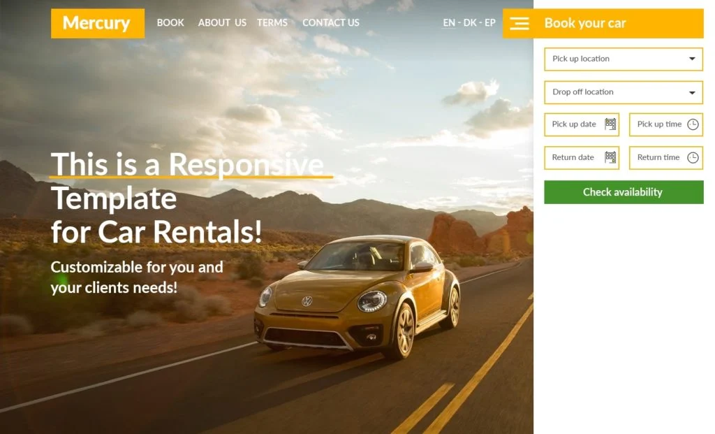 Screenshot of the Mercury car rental website template in an orange color scheme, with a car driving on a desert road