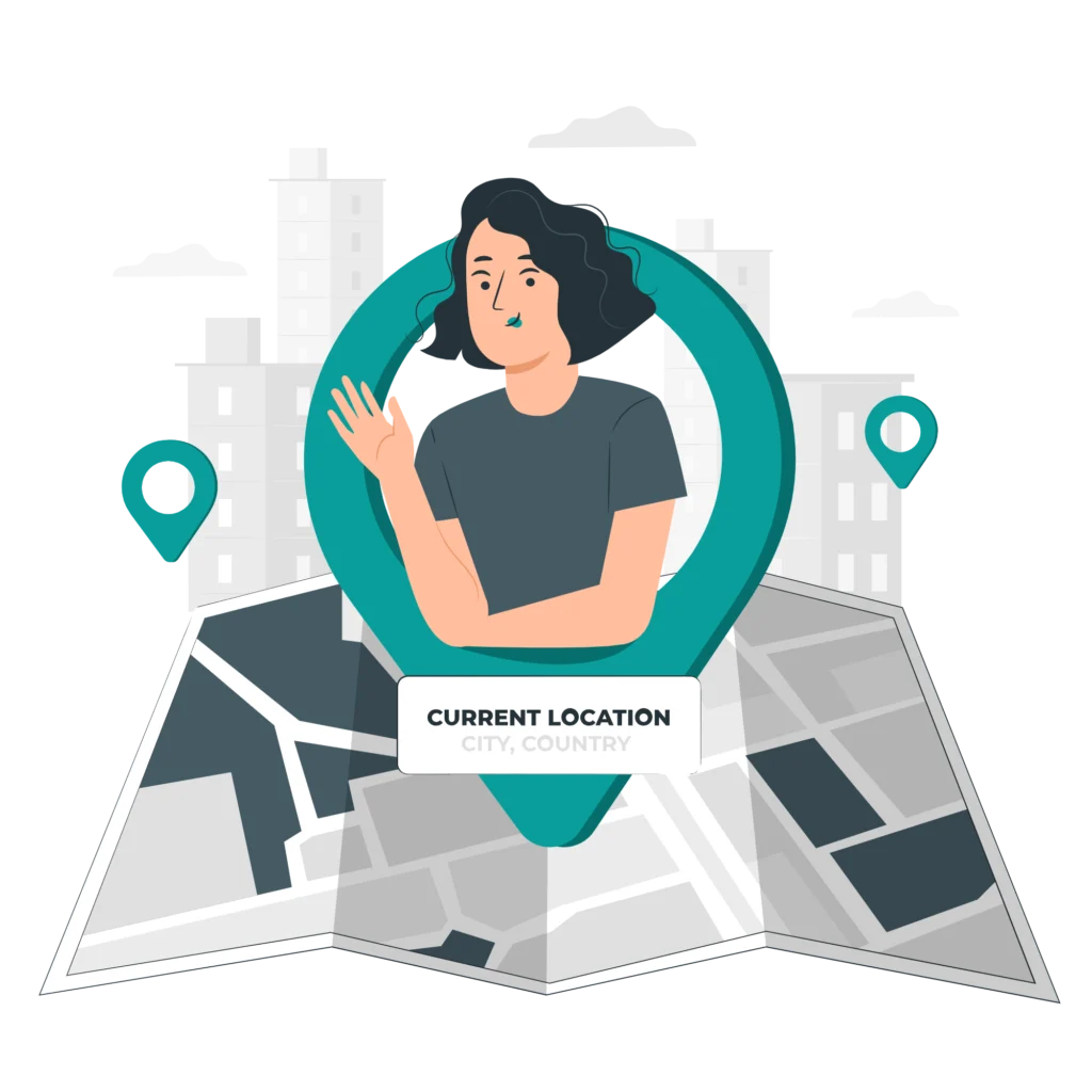 Illustration of a woman inside a location pin icon on a folded map, with a Current location label