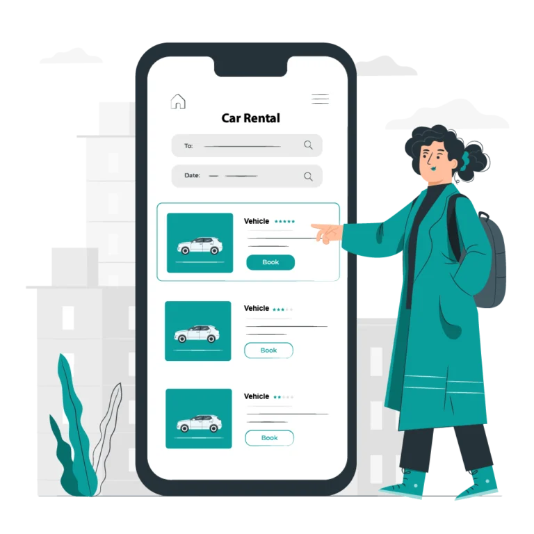 Illustration of a woman choosing a car to book on a phone screen showing a car rental app