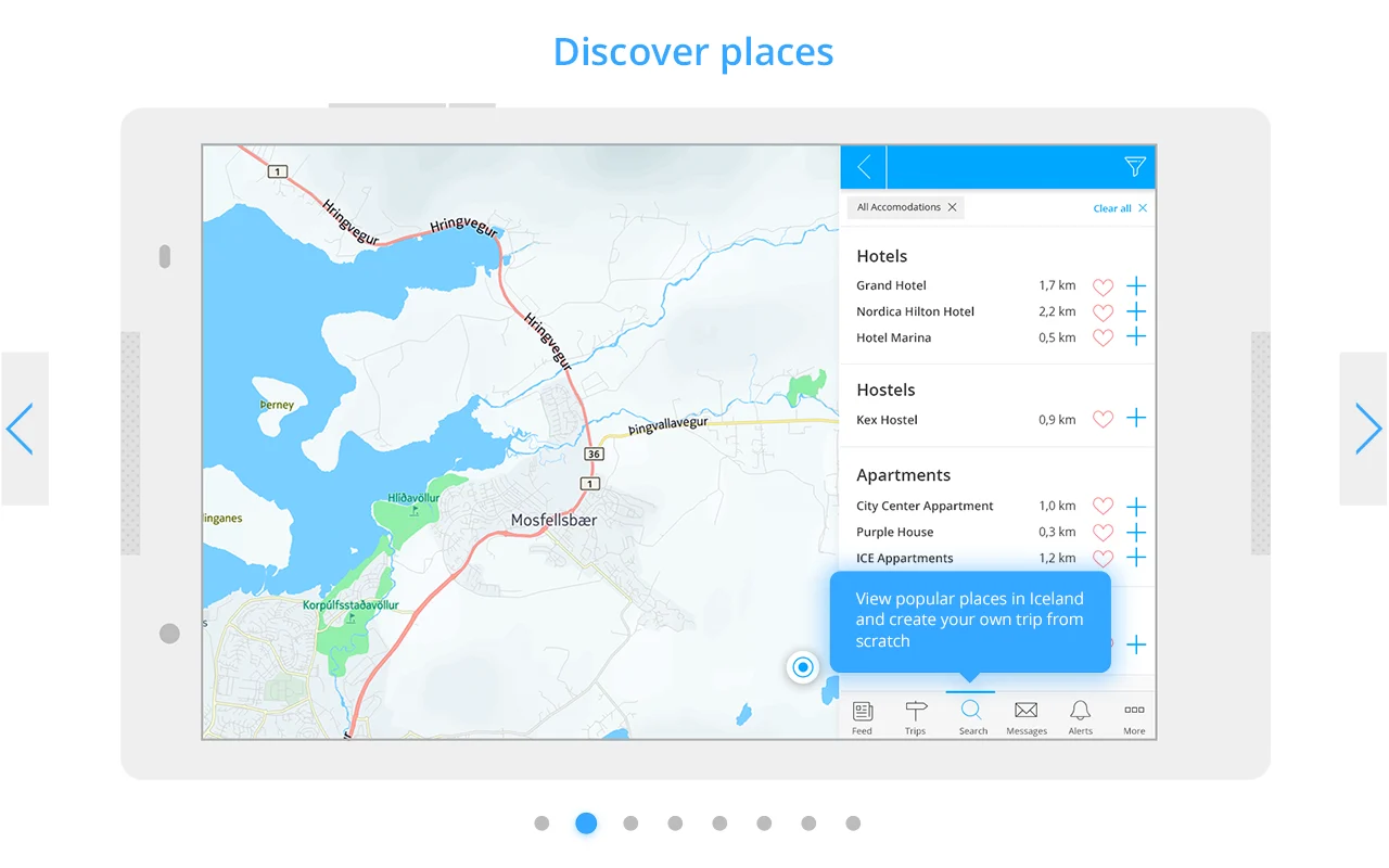 Screenshot of the Caren Trips app showing nearby hotels and accommodation options on a tablet