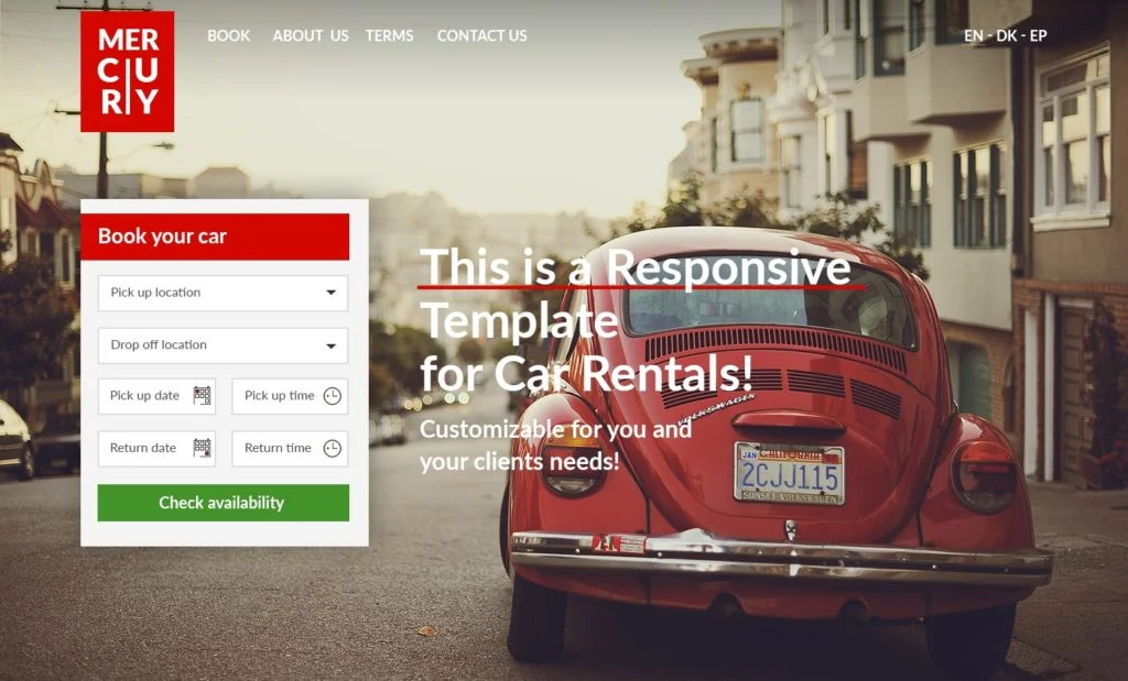 Screenshot of the Mercury car rental website template in a red color scheme, with a vintage Volkswagen Beetle on a city street