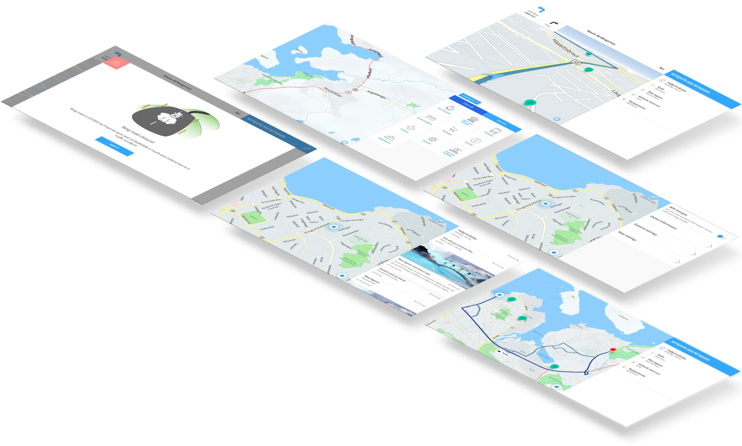 Isometric mockup of the Driver Guide app showing maps, alerts and route information across multiple screens