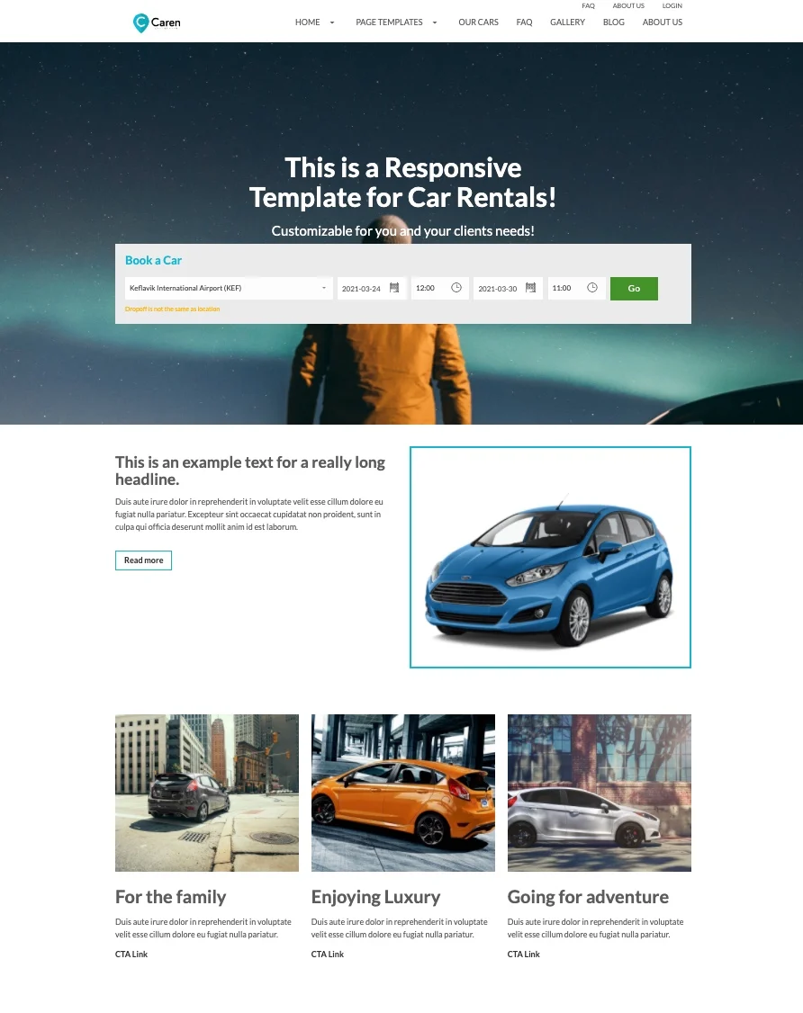 Screenshot of the Caren car rental website homepage with a nighttime hero image and three car showcase photos