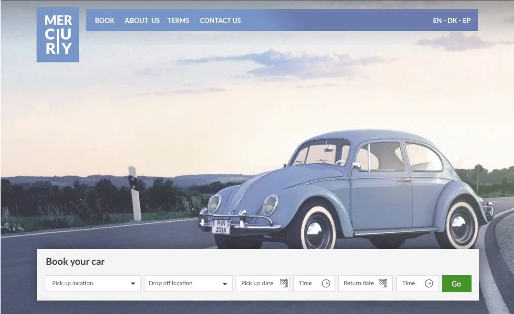 Screenshot of the Mercury car rental website template in a blue color scheme, with a vintage Volkswagen Beetle parked on a country road