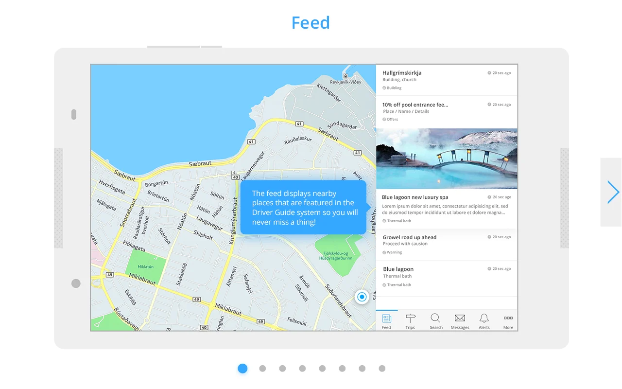 Screenshot of the Caren Trips app showing a feed of nearby places on a tablet