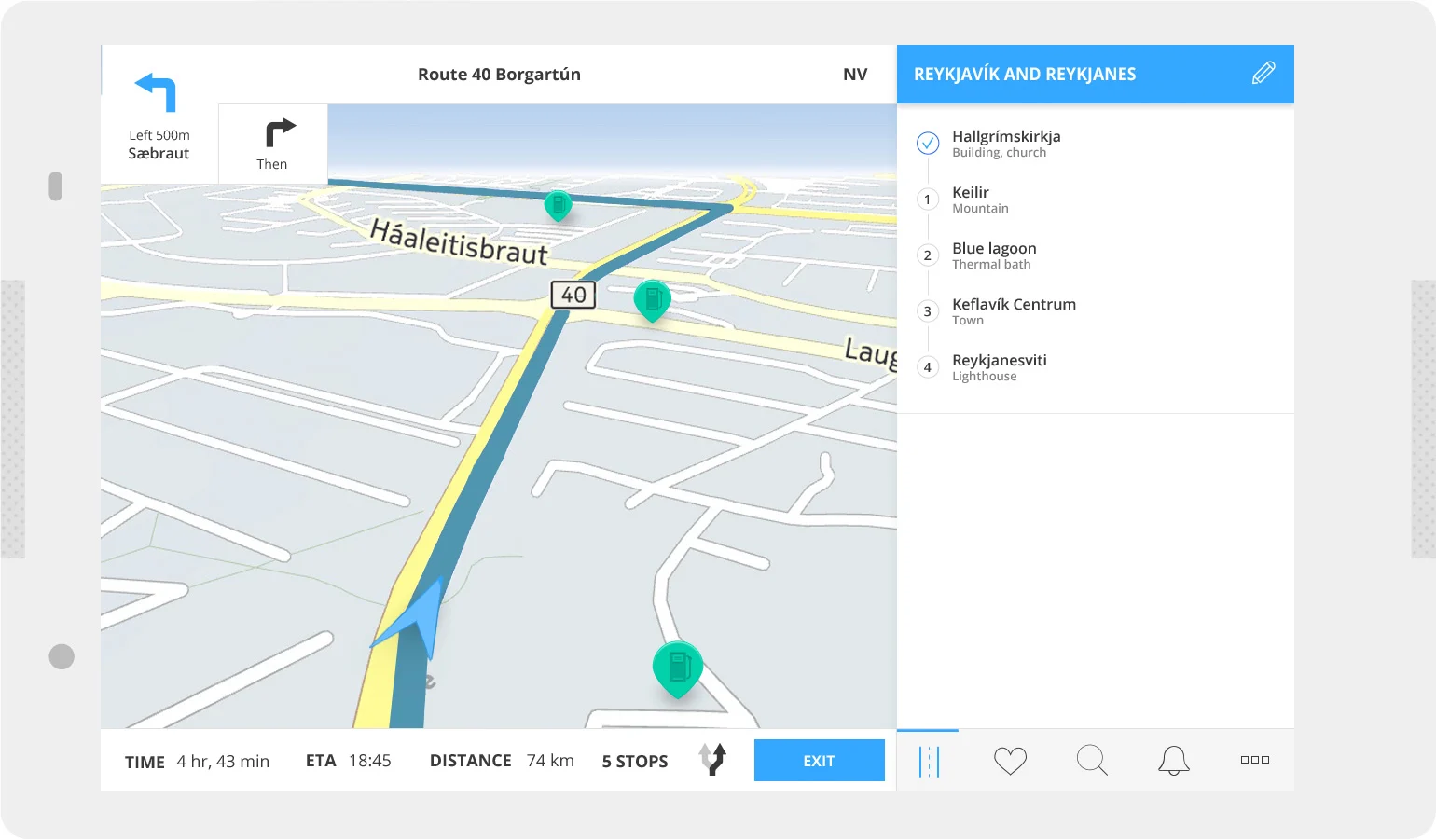 Screenshot of the Driver Guide navigation app showing a route map and list of points of interest on a tablet