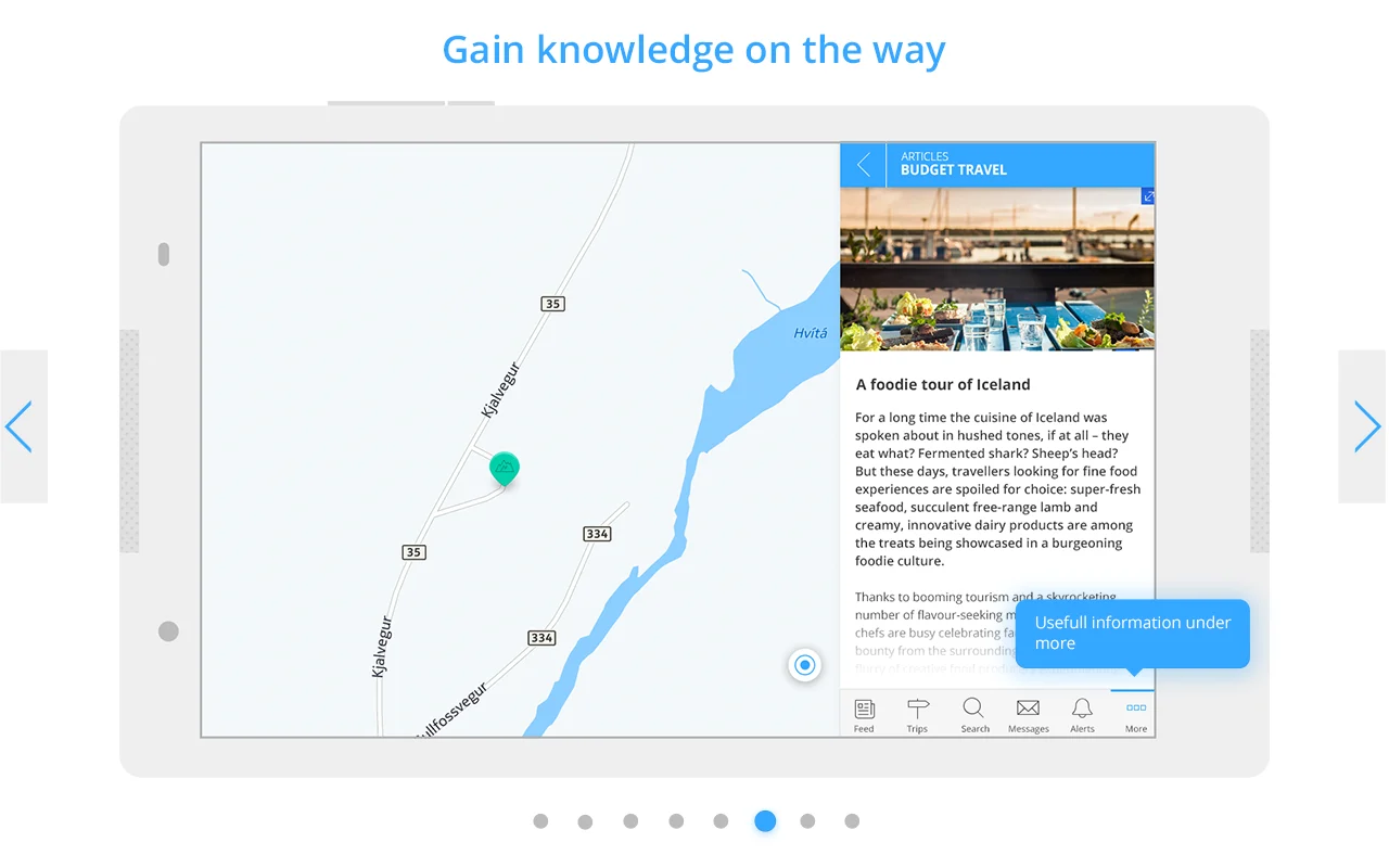 Screenshot of the Caren Trips app showing a travel article about Icelandic food on a tablet