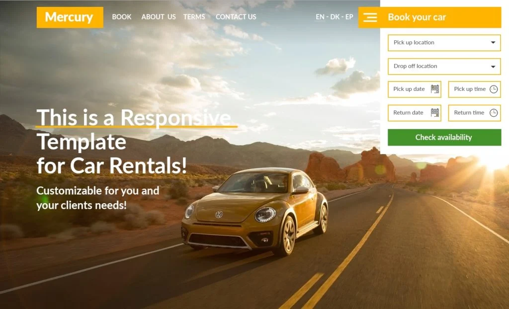 Screenshot of the Mercury car rental website template in an orange color scheme, with a car driving on a desert road