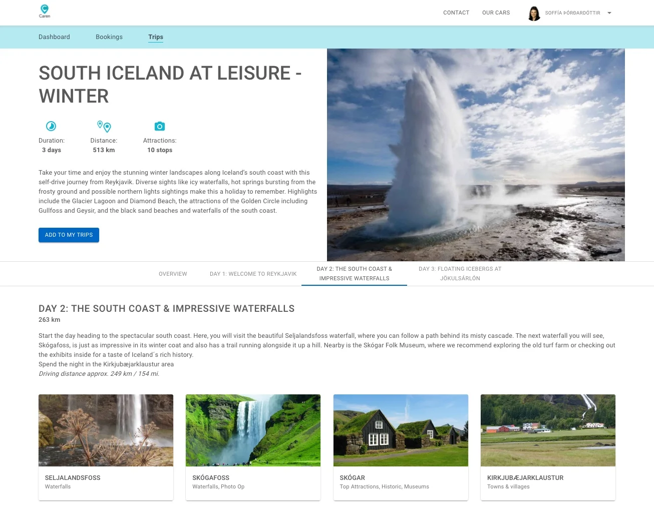 Screenshot of a Caren Trips itinerary page showing a geyser erupting in Iceland