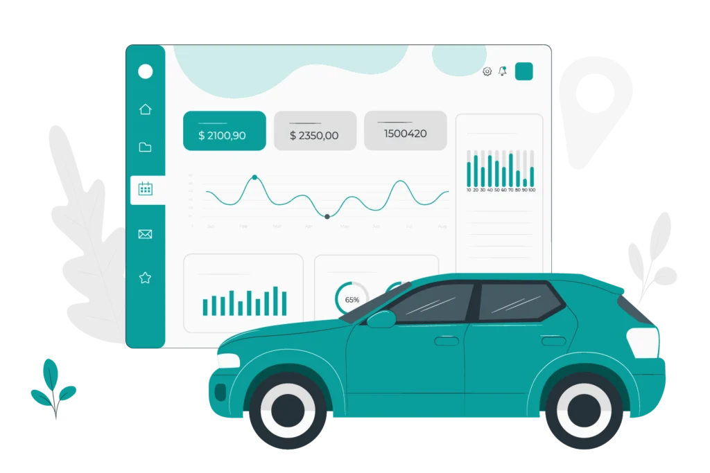 Illustration of a car beside a dashboard for car rental software.