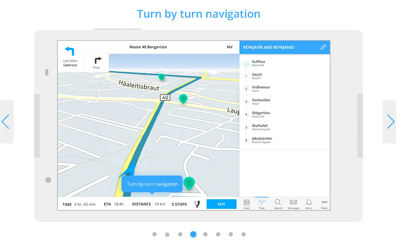 Screenshot of the Caren Trips app showing turn-by-turn navigation on a tablet