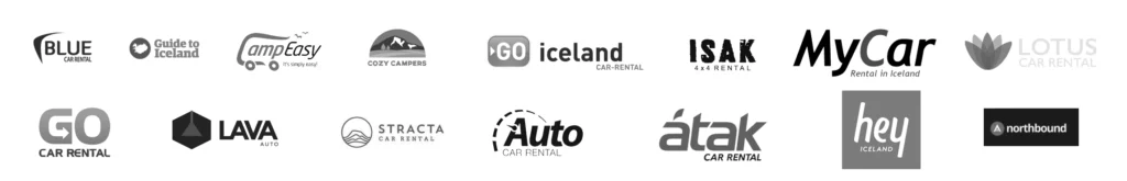 Logos of car rental and tour companies including Blue Car Rental, CampEasy, Cozy Campers, GO Iceland, MyCar, and Hey Iceland