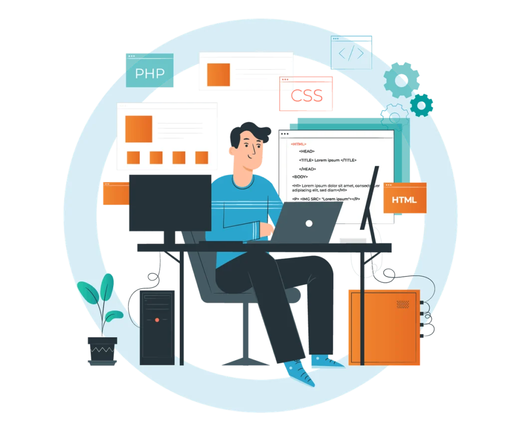 Illustration of a developer coding at a desk surrounded by PHP, CSS and HTML code windows